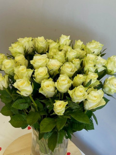 31 белая роза Атена с атласной лентой