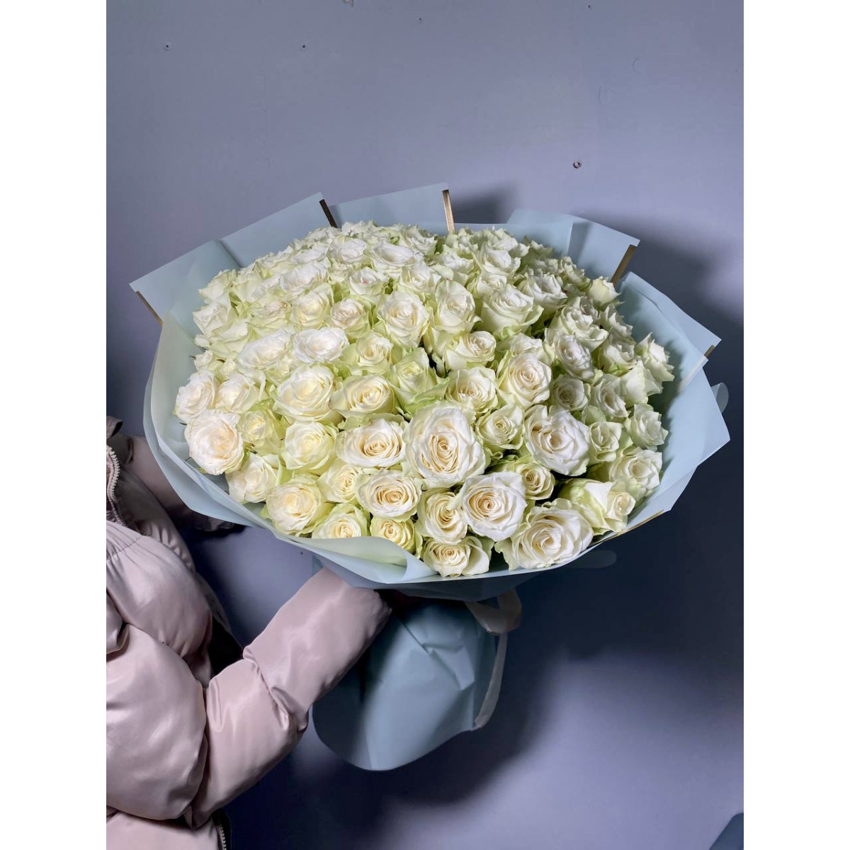51 белая роза Кения 60 см с упаковкой 