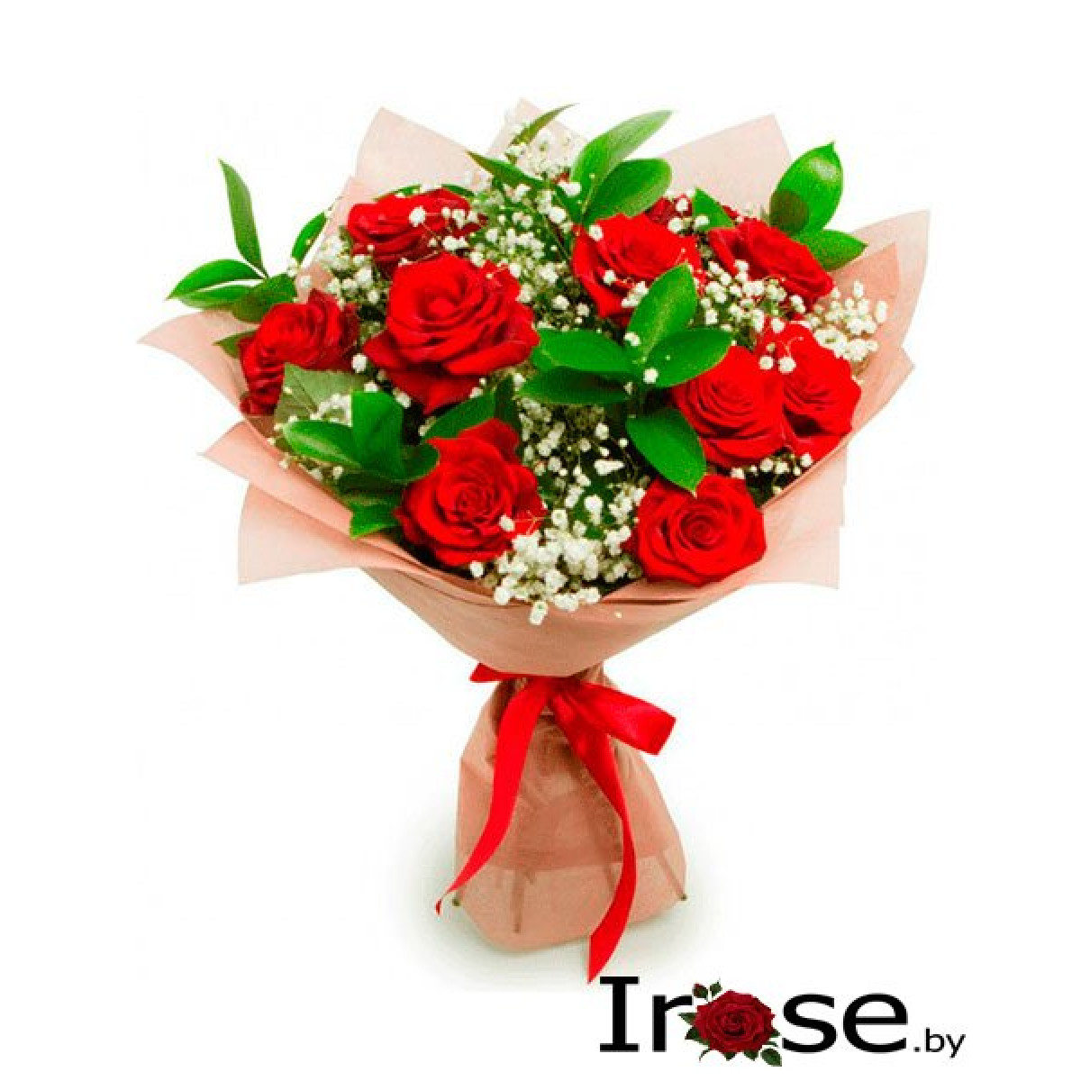 Букет 11 красных роз "Мадам" в оформлении