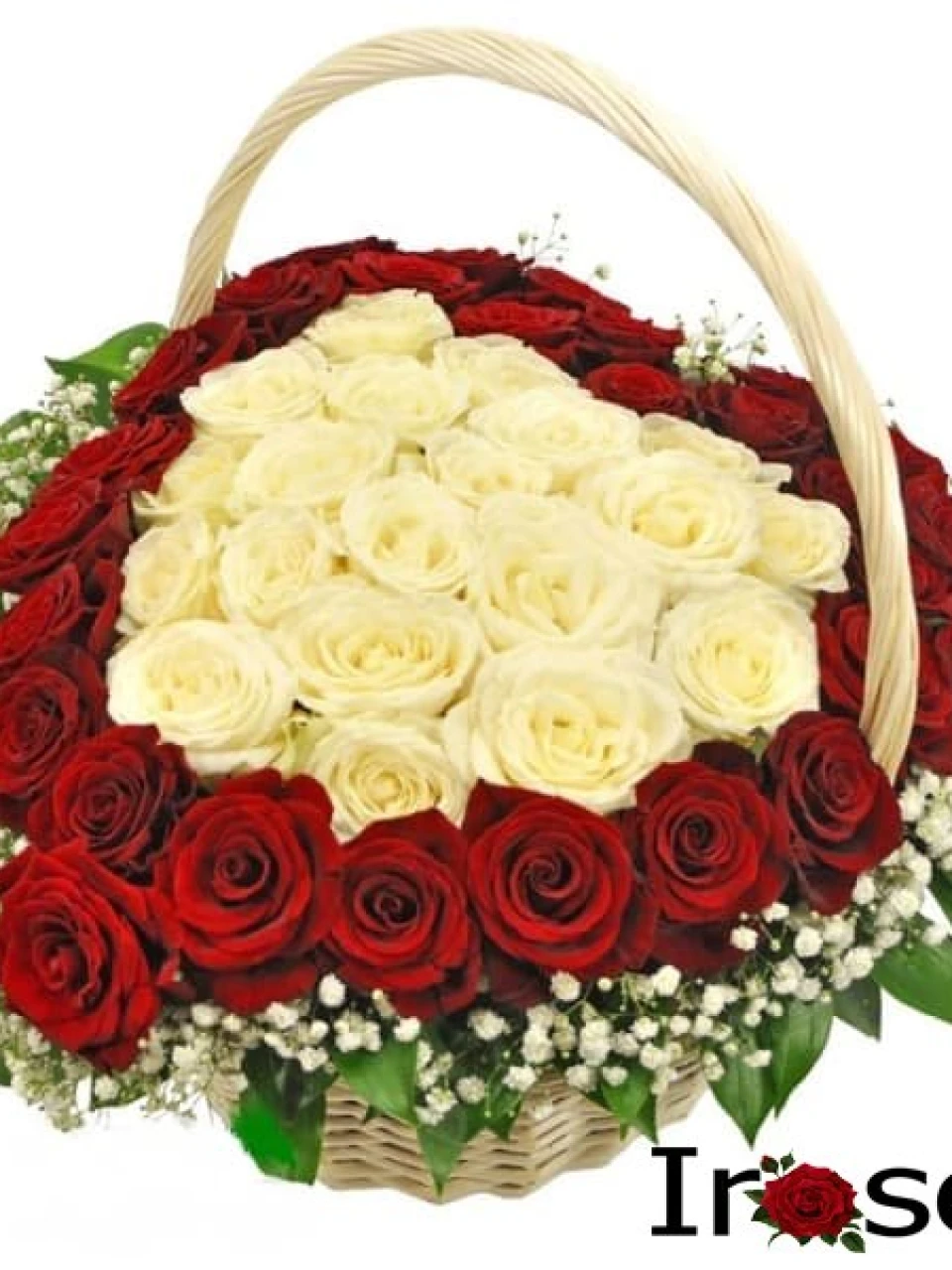 Корзинка и 51 красная и белая роза