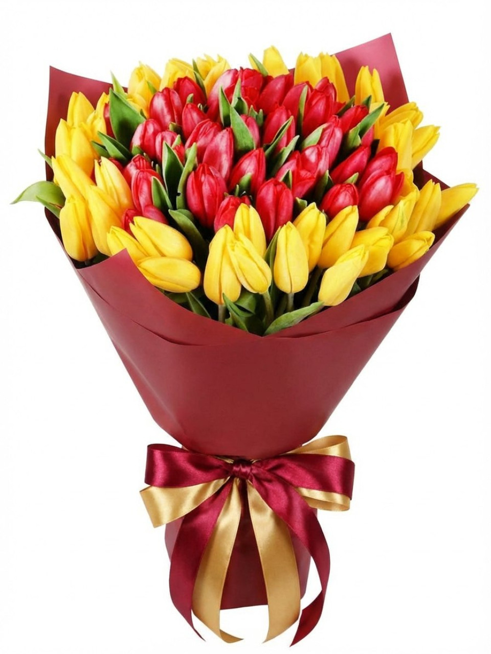 Букет из 51 красного и желтого тюльпана