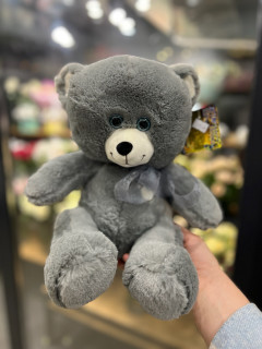 Мишка плюшевый серый с бантом (30 см) №3007