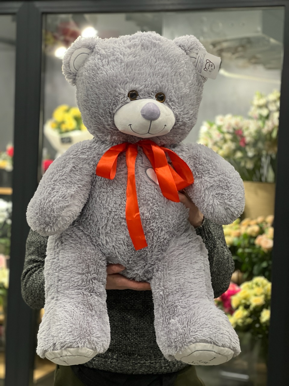 Мягкая игрушка Серый Мишка с красным бантом (55 см)