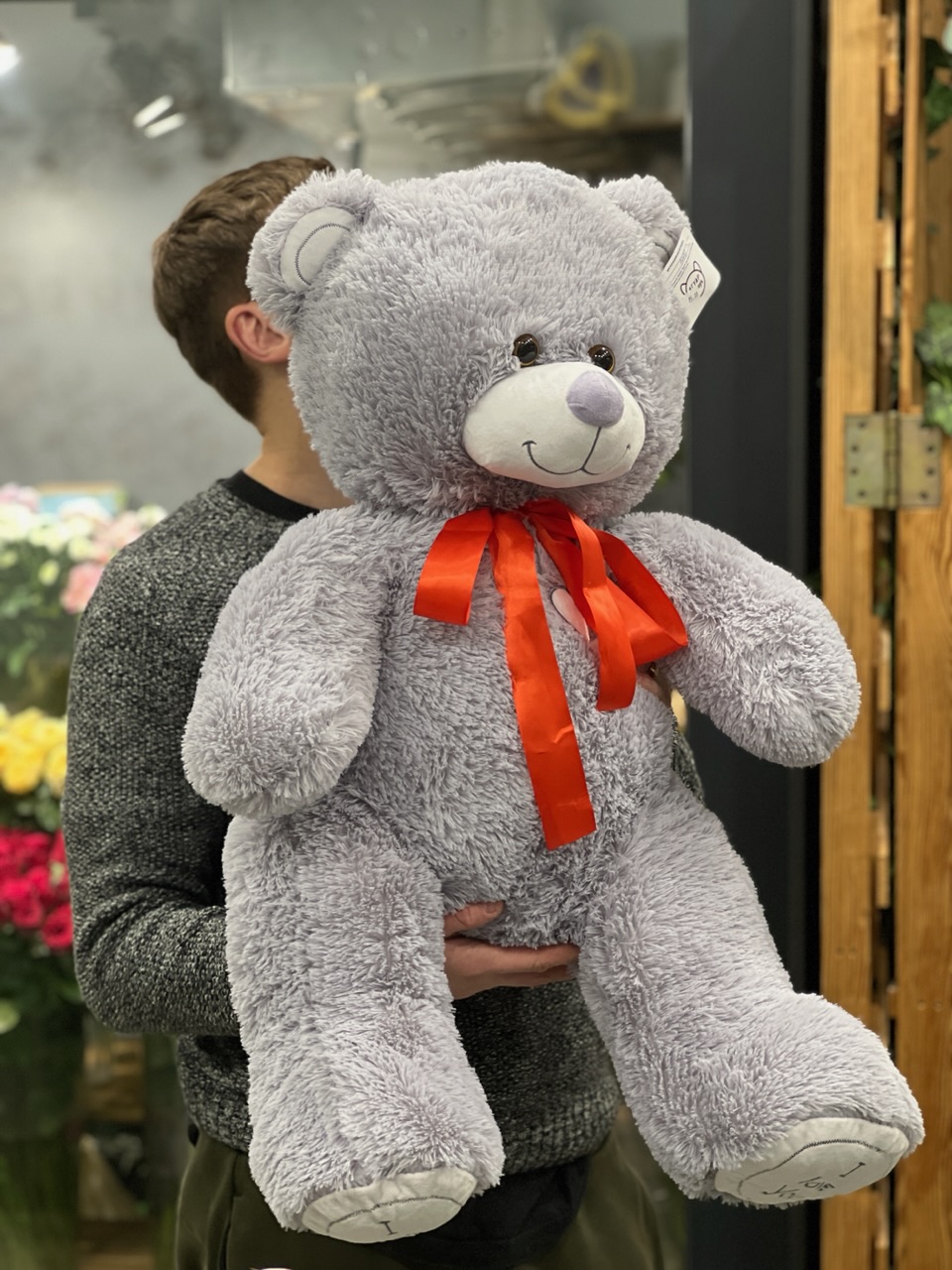 Мягкая игрушка Серый Мишка с красным бантом (55 см)